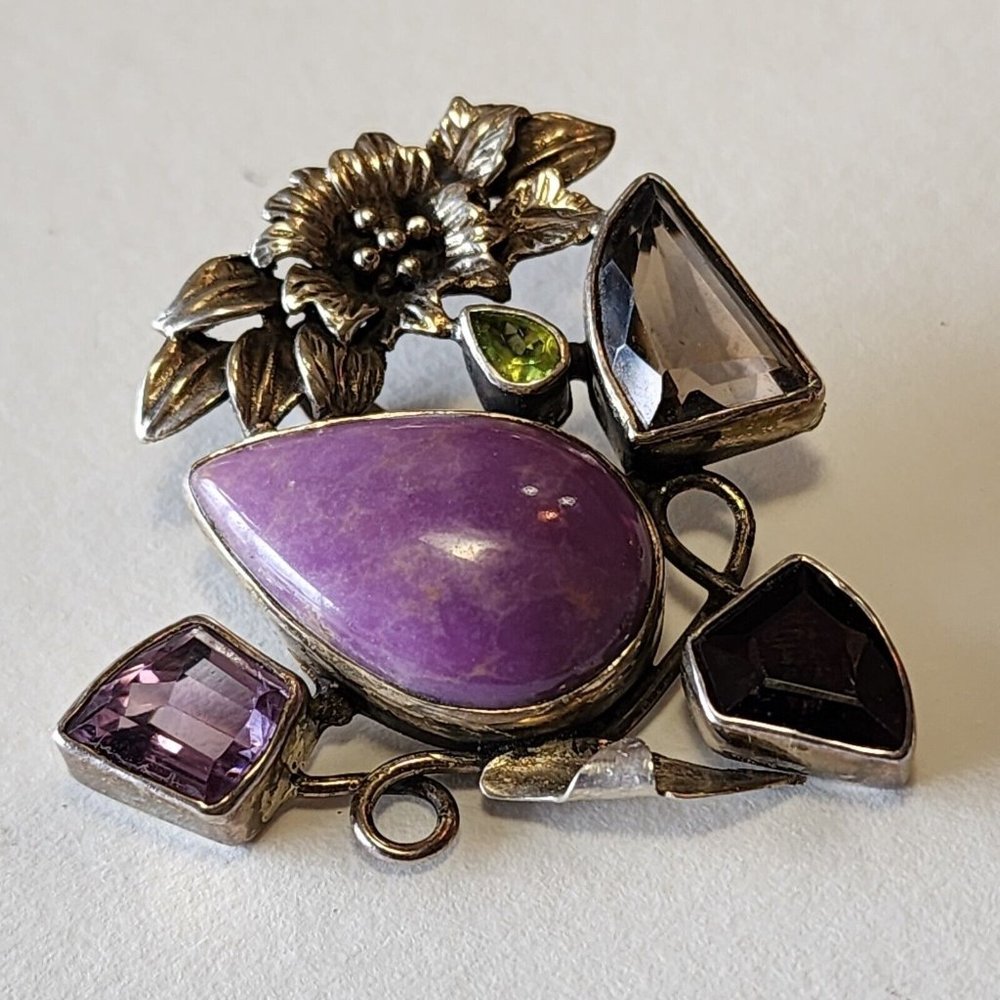 Vintage Sterling 925 Pendant Semi-precious Stones Floral Silver Work With 24... - Picture 16 of 16